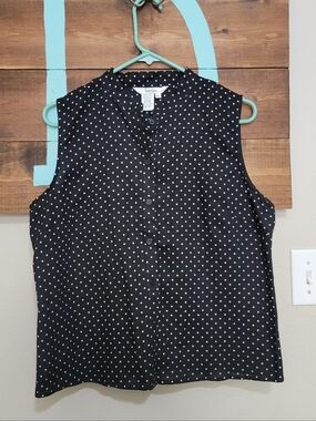 ISHYU Black and White Polka Dot Boxy Linen Button-Front Top Size Large